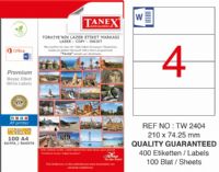 Tanex TW-2404 Laser Etiket ( 210*74,25  mm ) 100 Sayfa