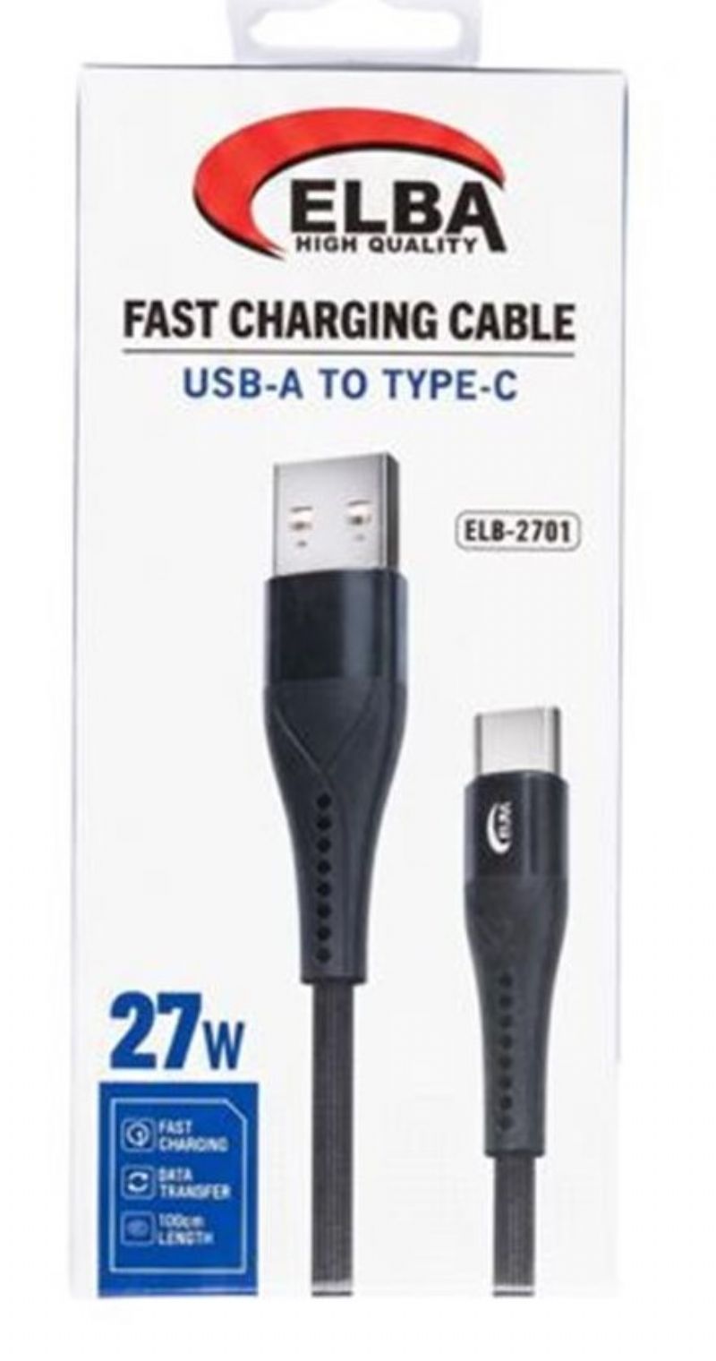 Elba ELB-2701 27w Usb-a To Type-c 1mt Siyah �rg�l� �arj Kablosu H�zl� �arj